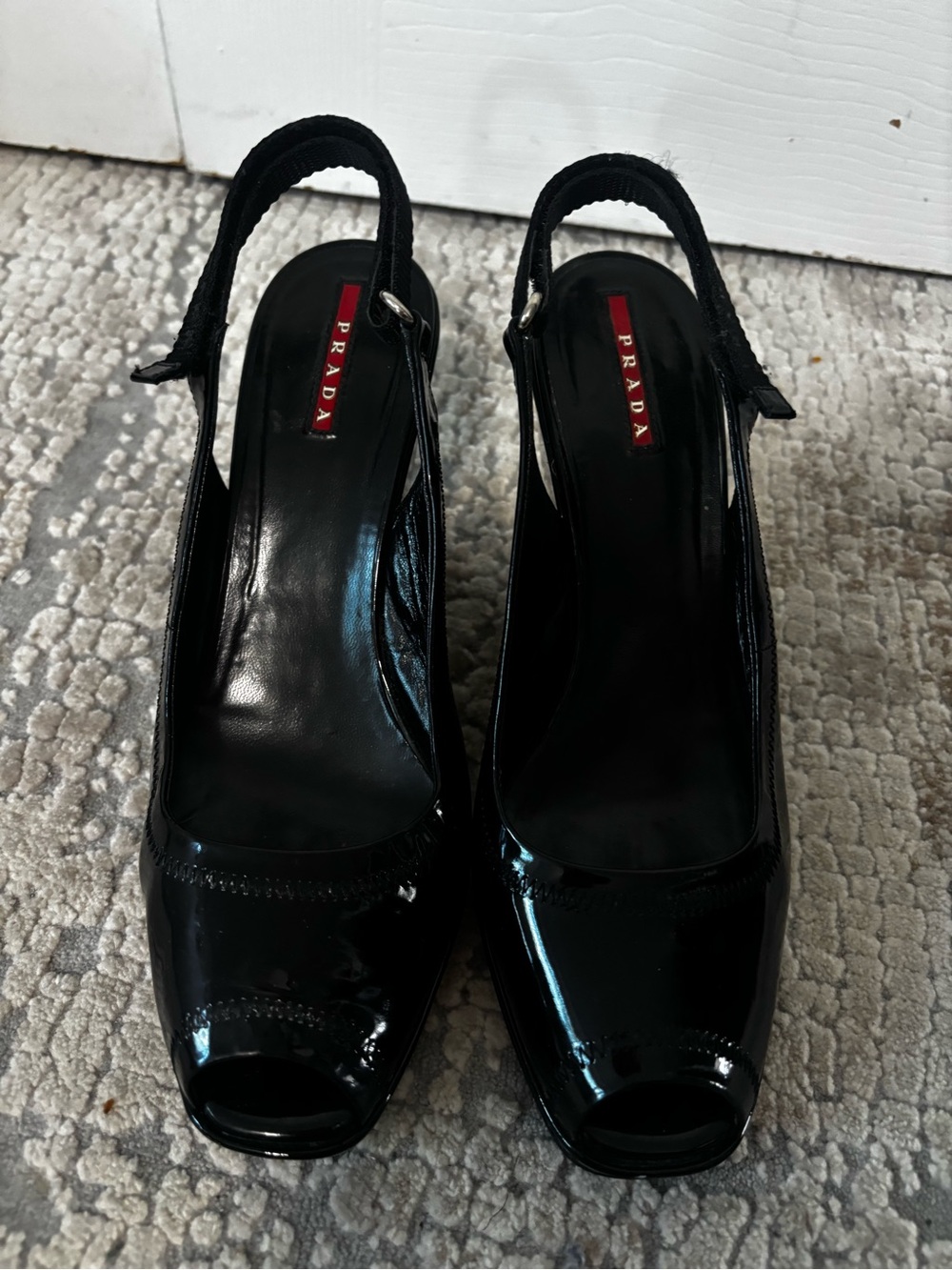 Prada Black Patent Slingback Peep-Toe Heels Womens 40